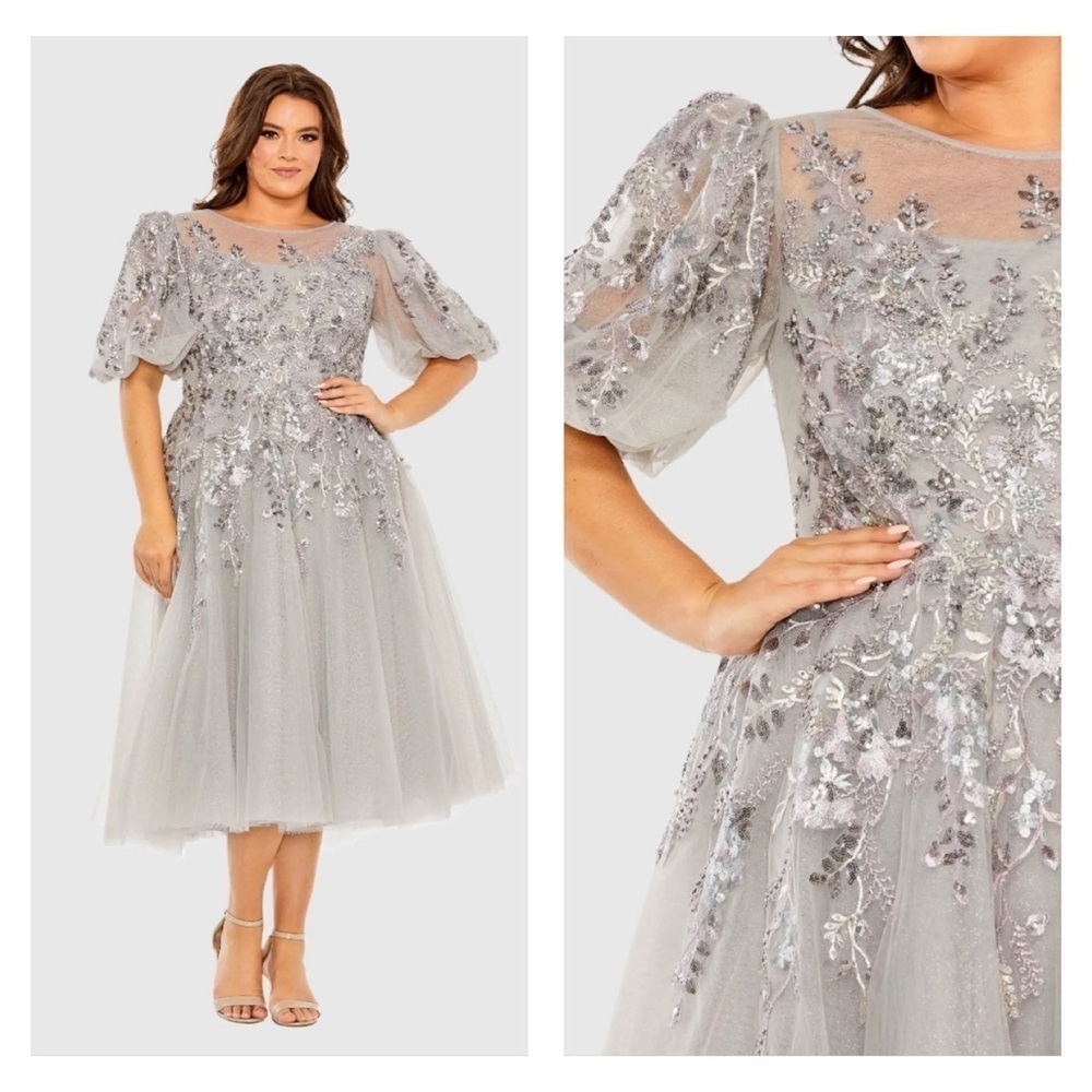 Mac Duggal 20475 Gray Puff Sleeve Glitter Embellished Dress